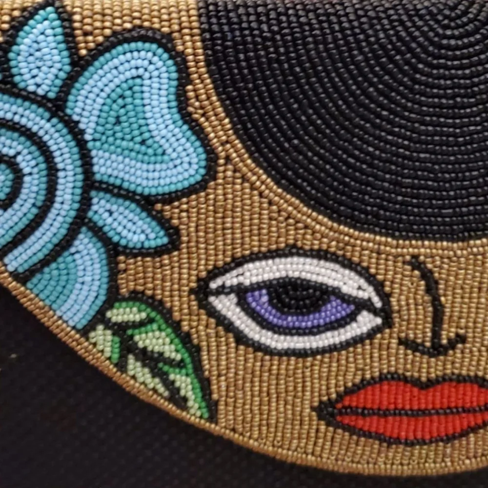 Beaded DAVID JEFFREY Multicolor Floral Face Evening Clutch, Gold Crossbody Chain - Picture 8 of 12